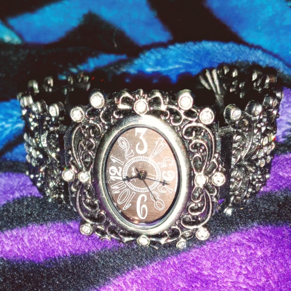 Fancy Detailed Watch/Bracelet with Diamond CZ Accents